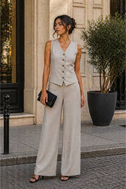 lubiti Γιλέκο με κουμπιά και ζώνη στην πλάτη/Φαρδύ παντελόνι, λινό σετ