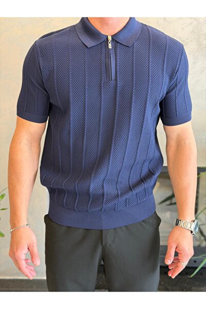 ECARTS Men's Relaxed Fit Honeycomb Textured Knitwear Tshirt Navy Blue Eca075