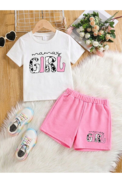 Kids Καλοκαιρινό κοριτσίστικο σετ με στάμπα σορτς Λευκό Ροζ