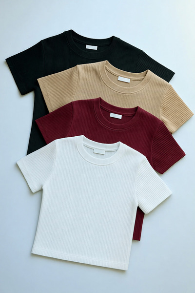 ÖZ PAMUK Γυναικείο T-SHIRT 4 τεμαχίων μαύρο με ραβδώσεις Crew λαιμόκοψη με λα...