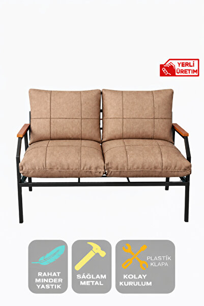 UFUK HOME 2'li Koltuk Kahverengi Bahçe Mobilyası Bahçe Takımı Metal Balkon Ta...