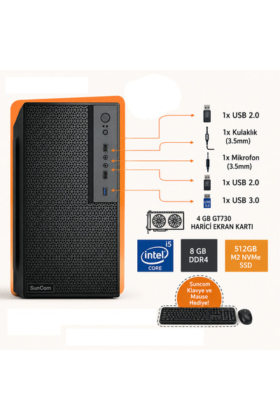 SUNCOM Business SC3-B03 i5-12400F 8GB 512GB SSD 4gb GT730 DOS Masaüstü PC Wi-Fi