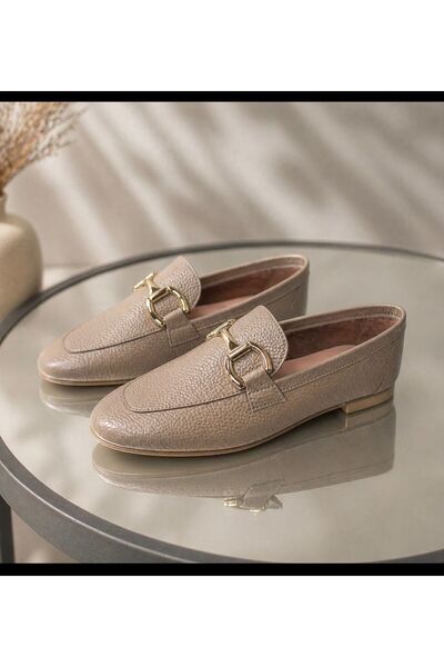 babamindukkani حذاء باليه نسائي من الجلد باللون البيج مع إبزيم ذهبي