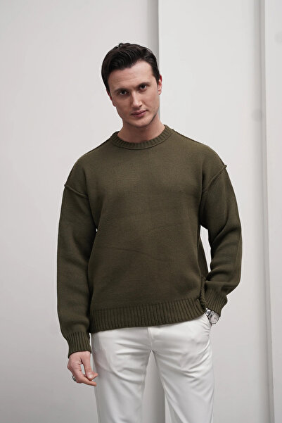 MODEFENDİ Reverse Stitching Oversize Crew Neck Wool Cotton Sweater
