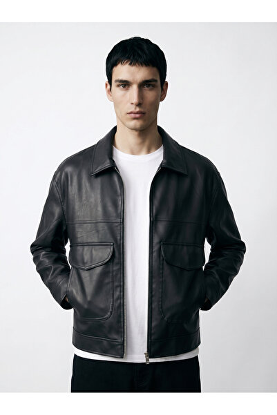 BASEL.CO Δερμάτινο μπουφάν σε στυλ Boxy Fit