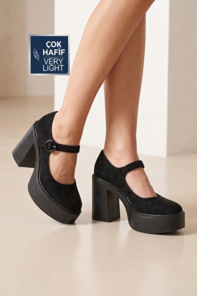 Modabuymus Μαύρα σουέτ παπούτσια Mary Jane με ψηλό χοντρό τακούνι και πλατφόρ...