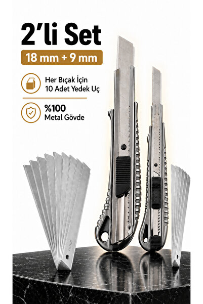 BantPazar Metal Gövdeli 2’li Maket Bıçağı Seti 18 mm + 9 mm 20 Yedek Uçlu