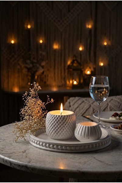 ACELEYOLLA Dekoratif Beton Mum ve Kapaklı Tepsi Seti Minimal Şık Tasarım Beyaz