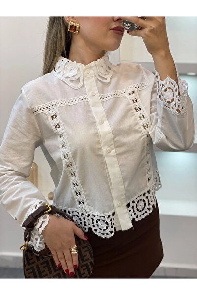 bysoca Γυναικεία λευκή έθνικ μπλούζα με δαντέλα και μοτίβο, βαμβακερό λινό, P...