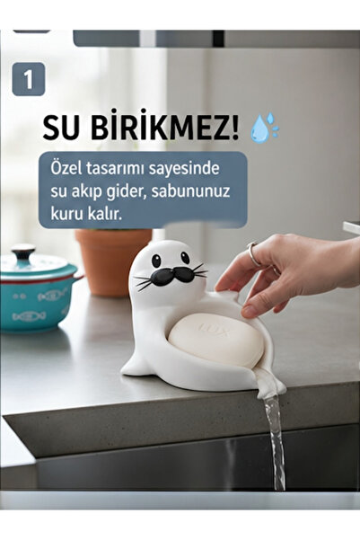 KUKO DESIGN Sevimli Fok Şekilli Sabunluk Su Tahliyeli – Akışlı Lavabo Sabun T...
