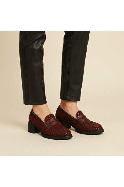 Platin Burgundy knitted leather women's casual heeled shoes