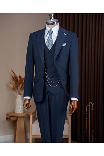 TerziAdemAltun Slim Fit Men's Pointed Collar Striped Jacket Vest Pants Suit N...