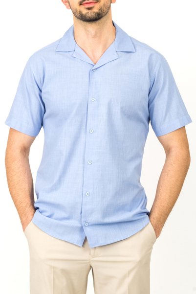 APT PRESTIGE Men's Apaş Collar Short Sleeve 100% Cotton Linen Shirt
