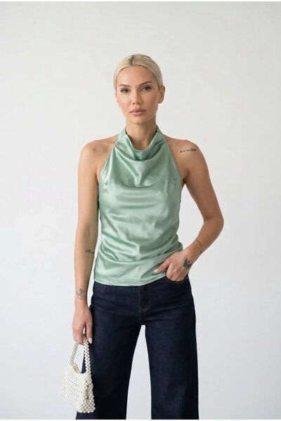 hazelin Γυναικεία μπλούζα με πράσινο γιακά halter από σατέν ύφασμα και ανοιχτ...