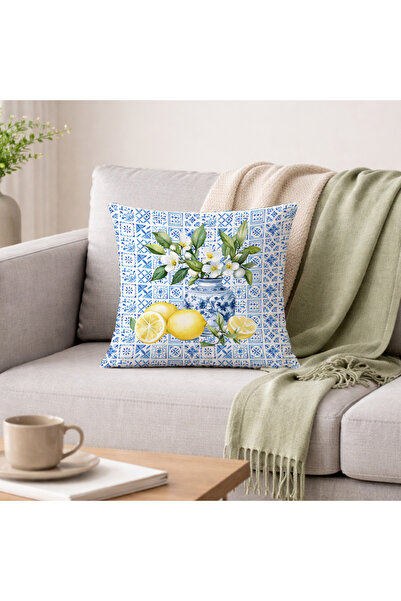 Evmila غطاء وسادة مخملي بنمط نسيم البحر الأبيض المتوسط، مزين بالبلاط الأبيض و...