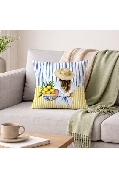 Evmila وسادة زخرفية مقاس 43×43 سم: غطاء مخملي بتصميم شخصية امرأة مع سلة ليمون...