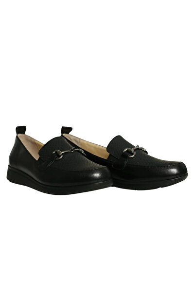 Platin Black Leather Women's Buckle Casual Shoes