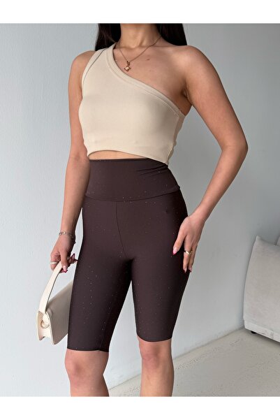 shaban Γυναικείο καπρί κολάν σε καφέ χρώμα, με λάμψη και λεπτομέρεια από πέτρ...