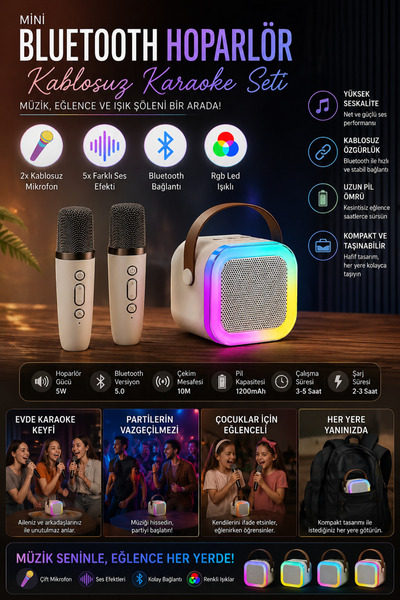 İTHALCİM Mini Karaoke Bluetooth Hoparlör 2x Kablosuz Mikrofonlu Rgb Led Işıkl...