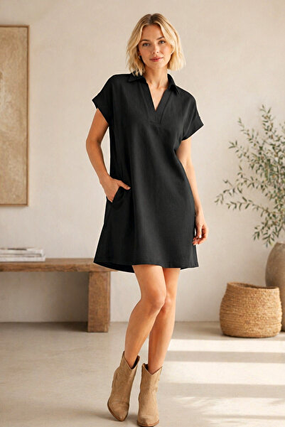 FERHEL Ženska haljina sa kragnom i dva konca, sa džepovima - crna