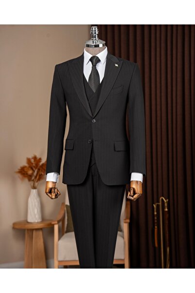 TerziAdemAltun Slim Fit Men's Pointed Collar Striped Jacket Vest Pants Suit B...