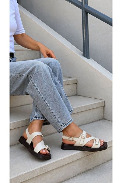 ESSO LA MİA Solea Genuine Leather Low Heel Women's Sandals with Gold Accessor...