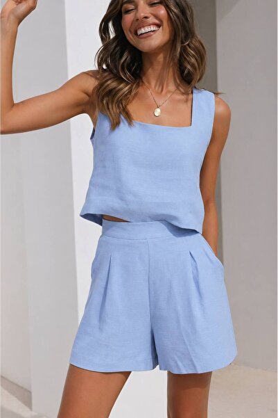 ÇEÇİM Women's Square Neck Short Blouse and Shorts Set