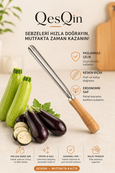 QesQin Sebze Oyacağı Ahşap Saplı Paslanmaz Çelik Kabak Domates Oyma Aparatı D...