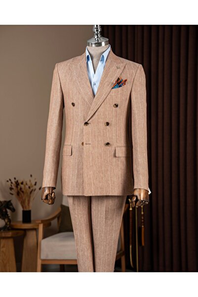 TerziAdemAltun Slim Fit Men's Double-Breasted Pointed Collar Striped Linen Ja...