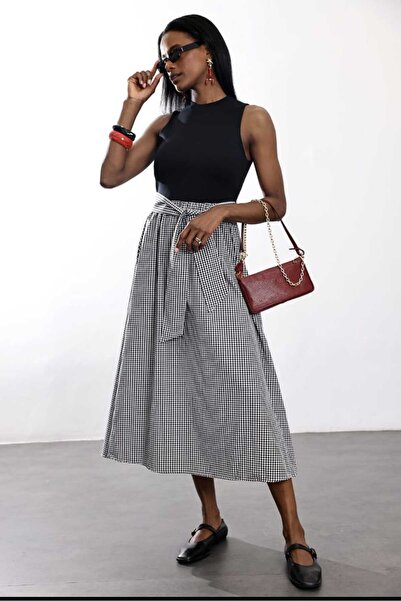 QİMYA BUTİK NOX Γυναικεία Φούστα από Διπλό Χτενισμένο Βαμβάκι με Ζώνη, Καρό, ...