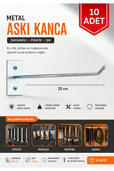 ÖZKAHRA TEKSTİL Duvar Kancası 10 Adet 25 Cm duvar ve Suntaya Monte Askı Tel Ç...