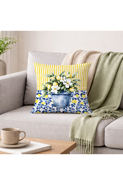 Evmila غطاء وسادة مزخرف بخطوط صفراء ونقشة زهور زرقاء، بتصميم وعاء الليمون (43...