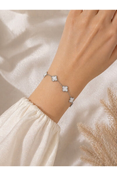 Bymiel Women's White Clover Figured Silver Color Stainless Steel Bracelet Adj...