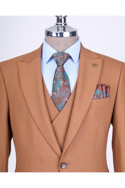 TerziAdemAltun Italian Style Slim Fit Men's Jacket Vest Pants Suit Tan T12978