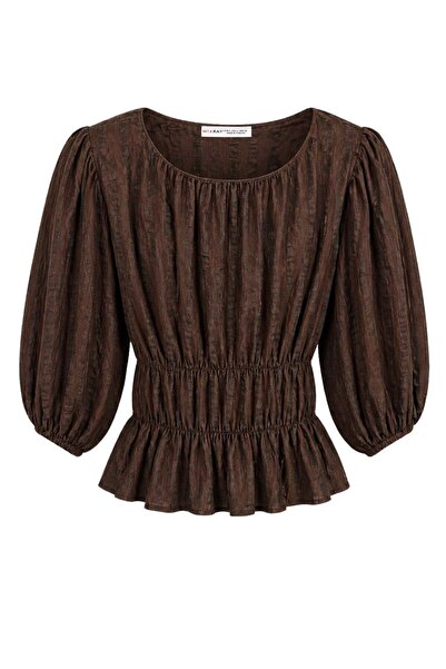 Mixray 4873 Γυναικεία μπλούζα με λεπτομέρεια με κορδόνια, μανίκια μπαλόνι και...