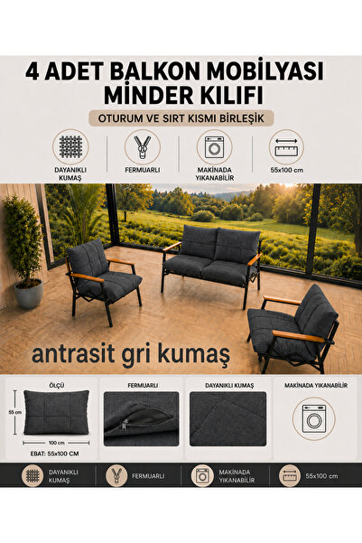DORUK HOME Doruk bahçe ve balkon mobilyası minder kılıfı 55x100cm antarasit k...