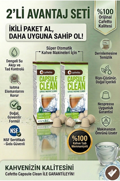 Cafetto 2'li Avantaj Seti - Capsule Clean Nespresso Uyumlu Kahve Makinesi Tem...