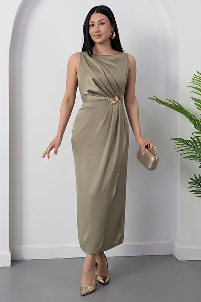 PULLIMM Οβάλ λαιμόκοψη, σατέν φόρεμα με αγκράφα στη μέση GRS3940