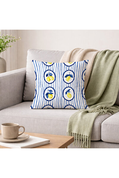 Evmila غطاء وسادة مزخرف بخطوط زرقاء وبيضاء ونقشة ليمون داخل الميدالية (43x43 سم)