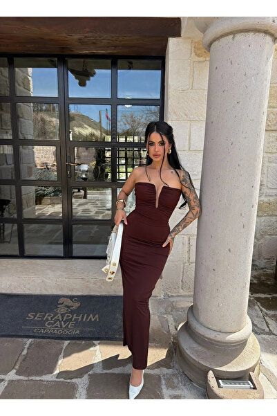 kırmızı butiks Καφέ φόρεμα στράπλες με αξεσουάρ γιακά