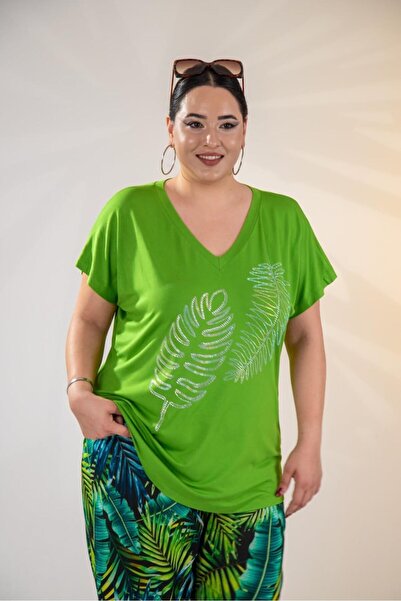 Roxxlen Γυναικεία μπλούζα με λαιμόκοψη V και στρας σε μεγάλο μέγεθος