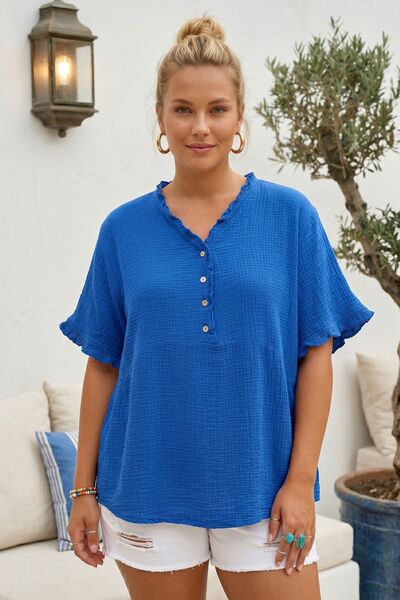 Chiccy Saks Μπλε μπλούζα με λαιμόκοψη V, κοντά μανίκια, γιακά και μανίκια με ...