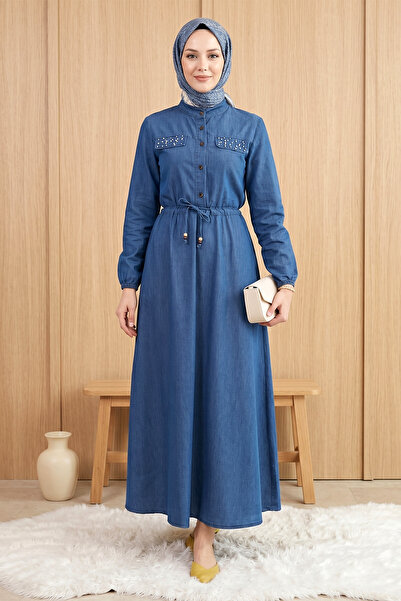 FERHEL Γυναικείο τζιν φόρεμα με λεπτομέρειες από πέρλες και στολισμό χιτζάμπ ...