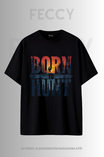 FECCY Tricou Premium Born To Hunt cu imprimeu tematic Hunter, unisex, supradi...
