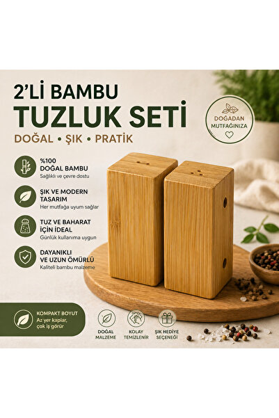 Store Bambu 2’li Bambu Kare Tuzluk Baharatlık Seti – Doğal Ahşap Tuz ve Karab...