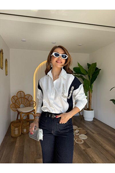 QİMYA BUTİK NOX Γυναικείο Βαμβακερό Πουκάμισο με Πέτρες στο Στήθος, Χτενισμέν...