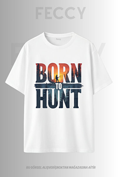 FECCY Tricou Premium Born To Hunt cu imprimeu tematic Hunter, unisex, supradi...