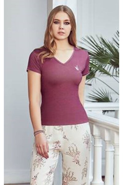 FIRST STYLE Soft Turkish Pajama Set in a Deep Burgundy Color with Delicate Pr...