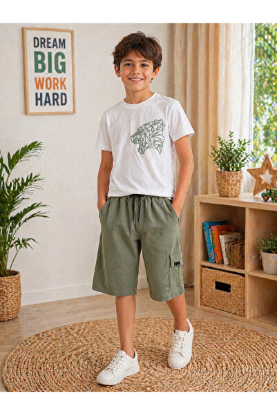 kahkaha kids Αγορίστικο σετ σορτς με λευκό στάμπα σε γκρι και πράσινο χρώμα μ...