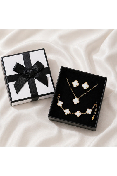 OEM Κομψό σετ κοσμημάτων με τριφύλλι – Κολιέ, βραχιόλι και σκουλαρίκια, Λευκό